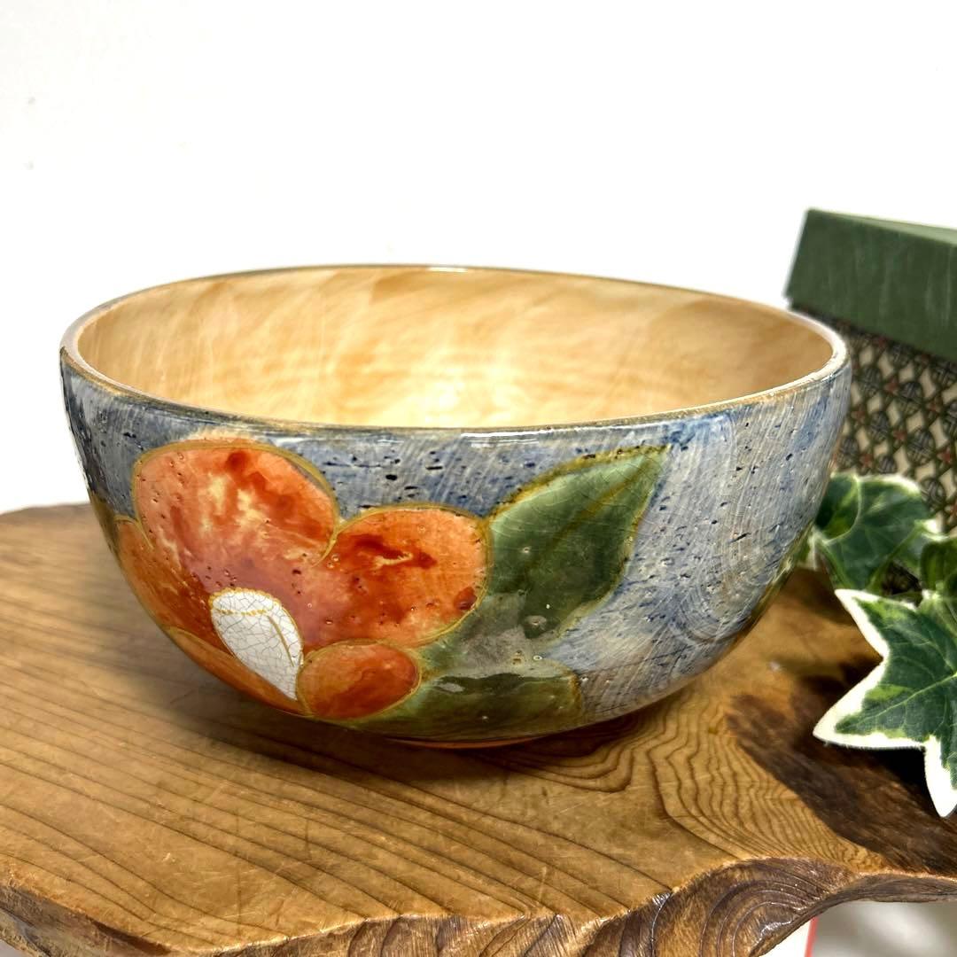 未使用　清水焼　京焼 土渕陶葊　陶あん　陶葊窯 絵付け　椿柄　大鉢　菓子鉢　茶道