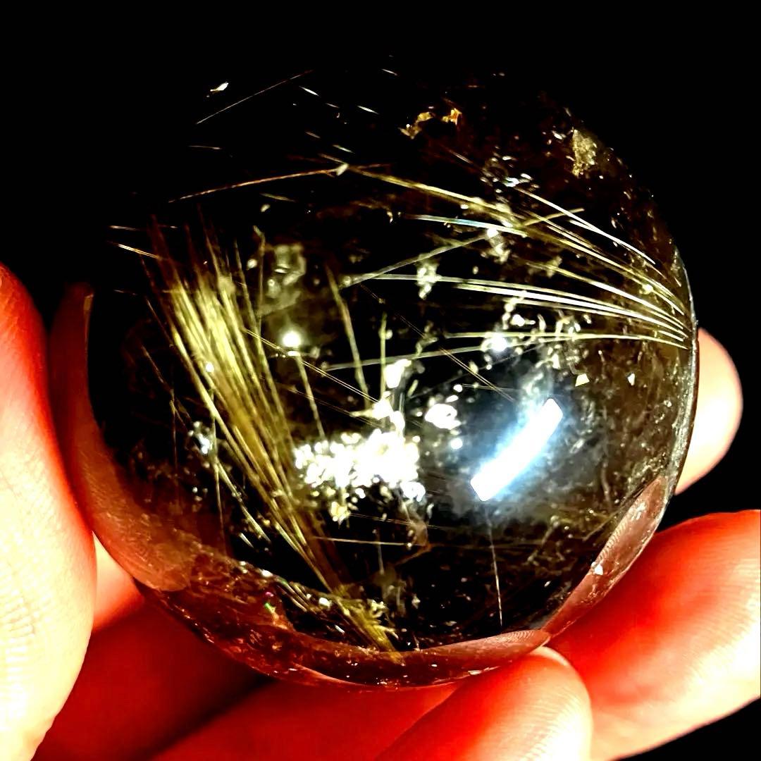 42mm 虹入りゴールドルチルクォーツ　丸玉　スフィア　金針水晶