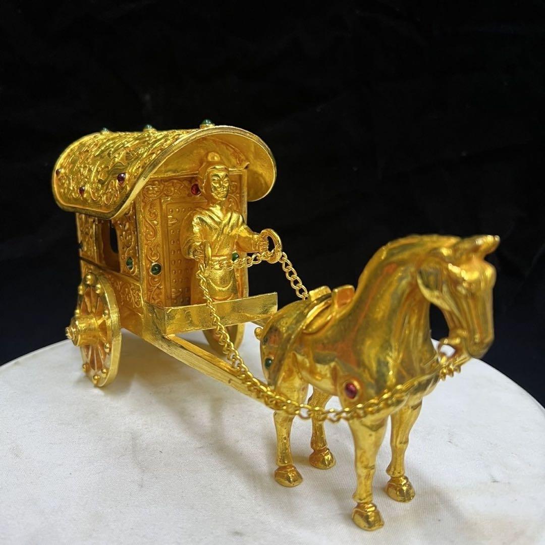 中国美術品　極細工　塗金宝石嵌黄金馬車　骨董　珍蔵品