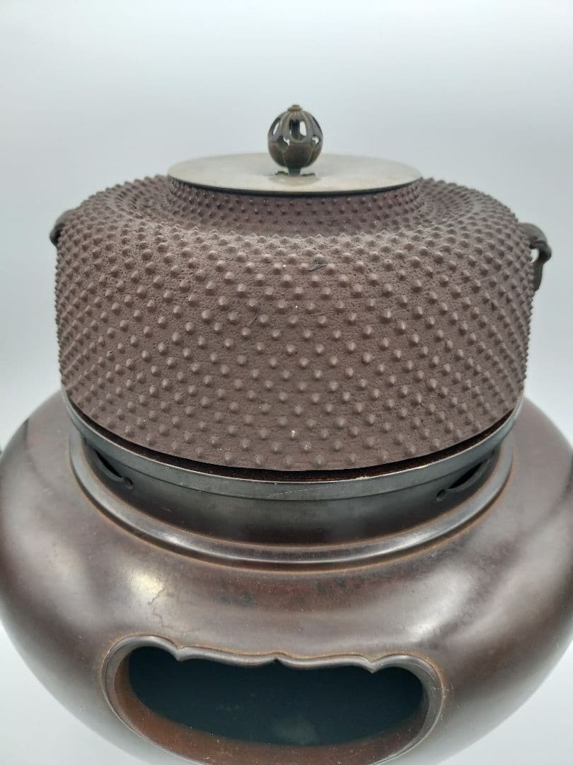 b505 唐銅 琉球風炉 田口霰釜添 釜谷浄越 木箱 茶道具 古物