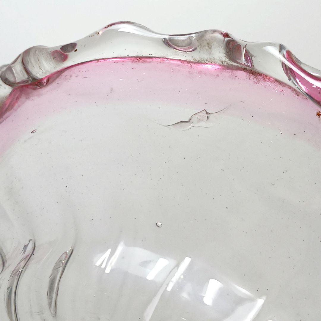 Y2680-1 時代レトロ 赤縁ガラス 大型コンポート 皿 サイン入り #6