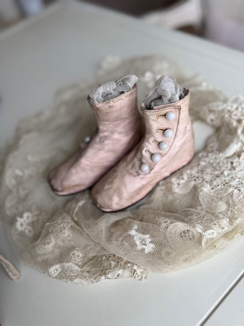 激レアフランスアンティークピンク子供用ベビー用カーフボタンブーツ