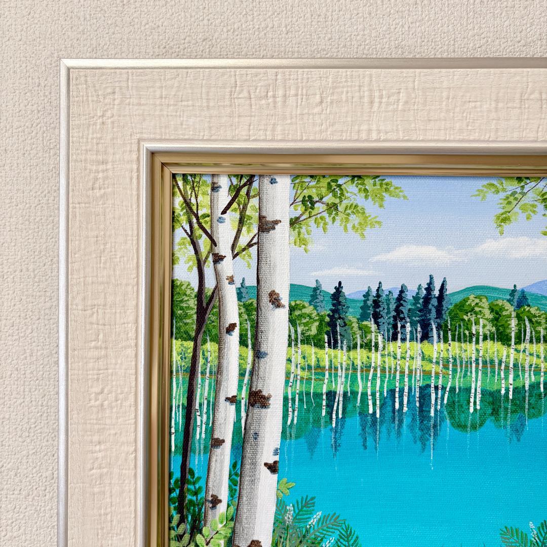 アクリル画　原画　「美瑛・青い池07」額縁付き　F4サイズ　風景画