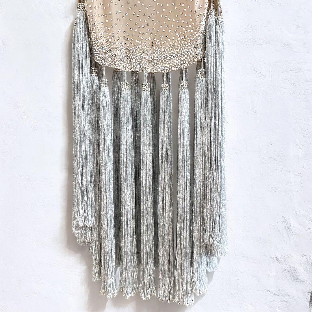 高級★シルック 社交ダンス ラテンドレス 衣装 タッセル シルバー ベージュ