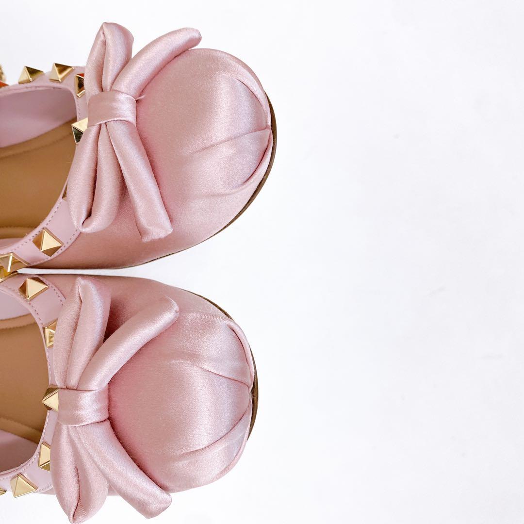 美品 Valentino ロックスタッズ サテンバレリーナシューズ ピンク