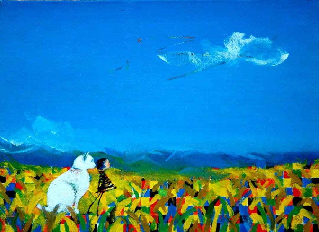 油絵 菅家令子 絵 絵画インテリア額付(黒) F4-072119 子犬猫と女の子