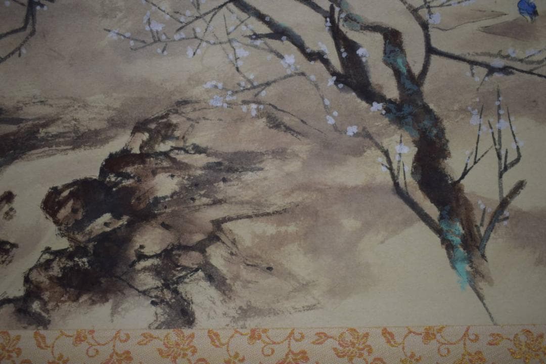 真作/明峰/桜/山水人物図/布袋屋掛軸HJ-11