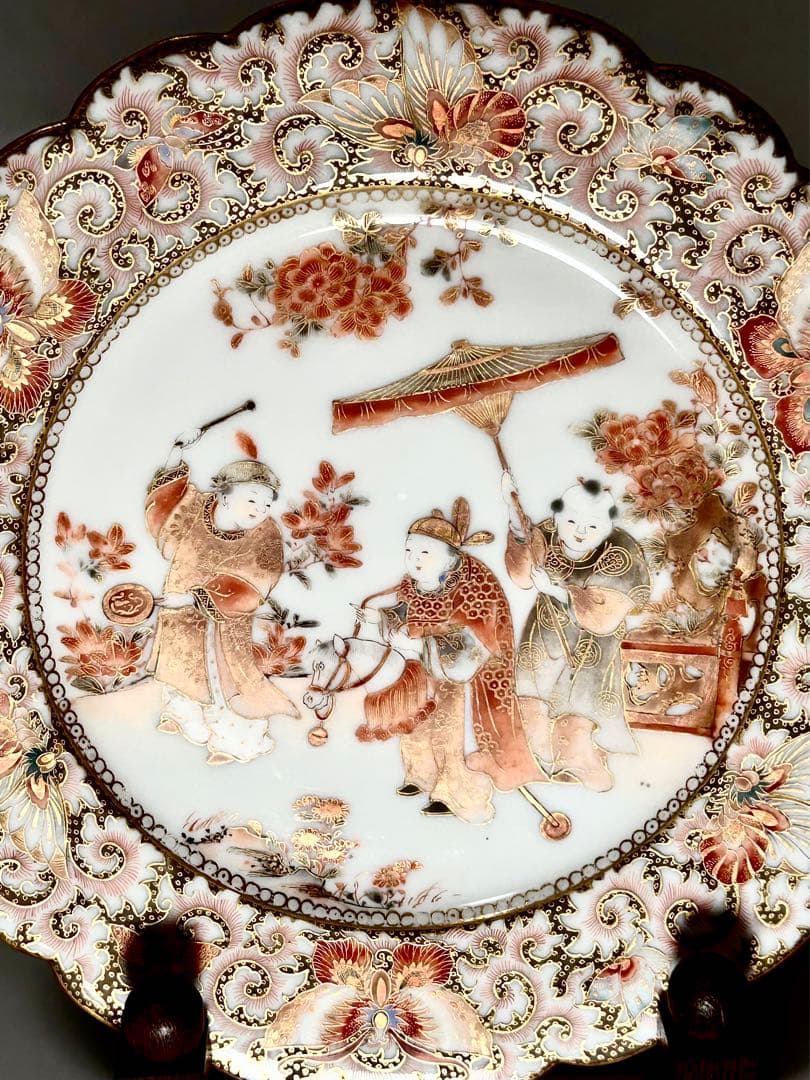 稀少 明治九谷の第一人者 松本佐平 松雲堂 赤絵金彩唐子図中皿 九谷焼