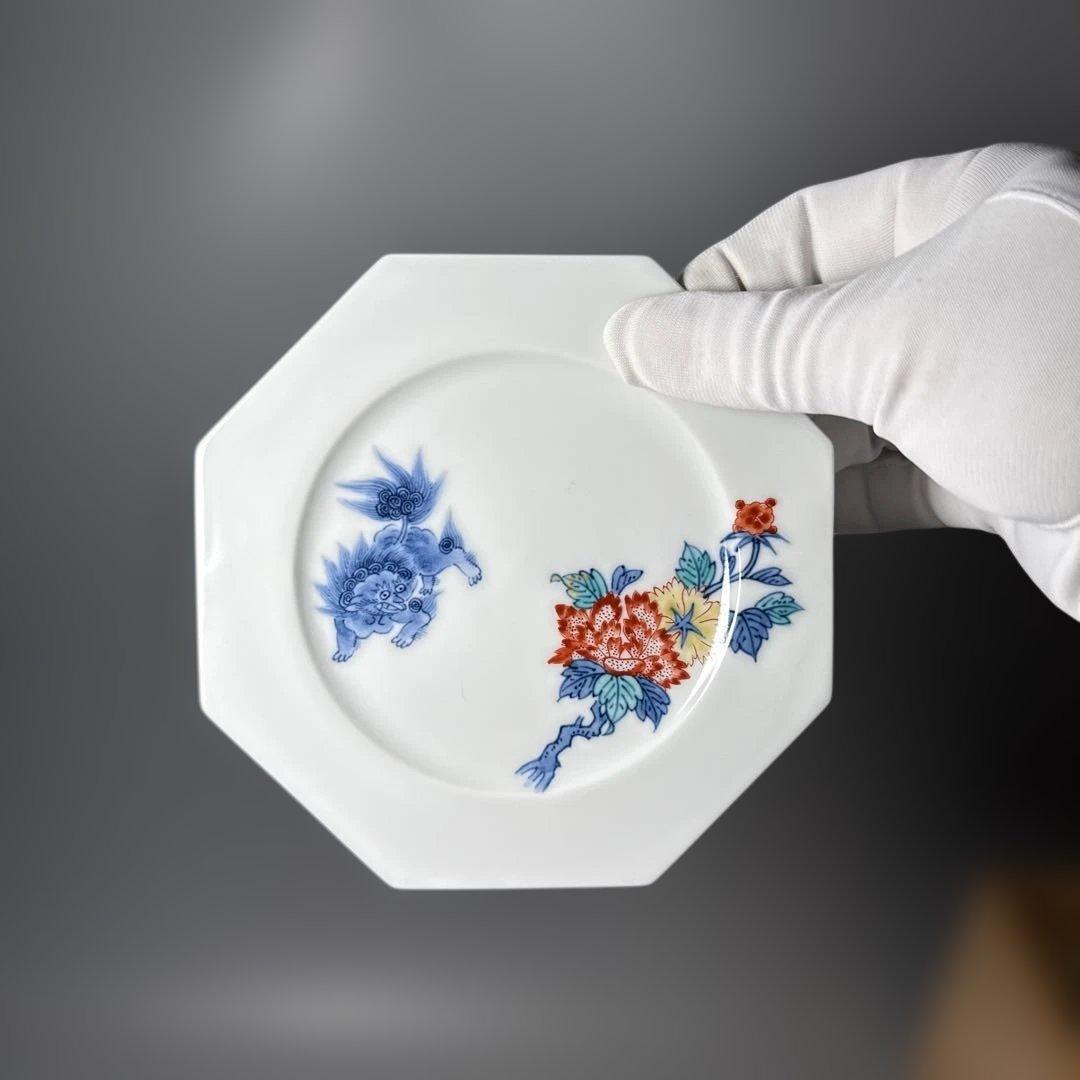 人間国宝　十三代　今泉今右衛門　高級ライン　色鍋島獅子牡丹高台皿　五点揃い　共箱