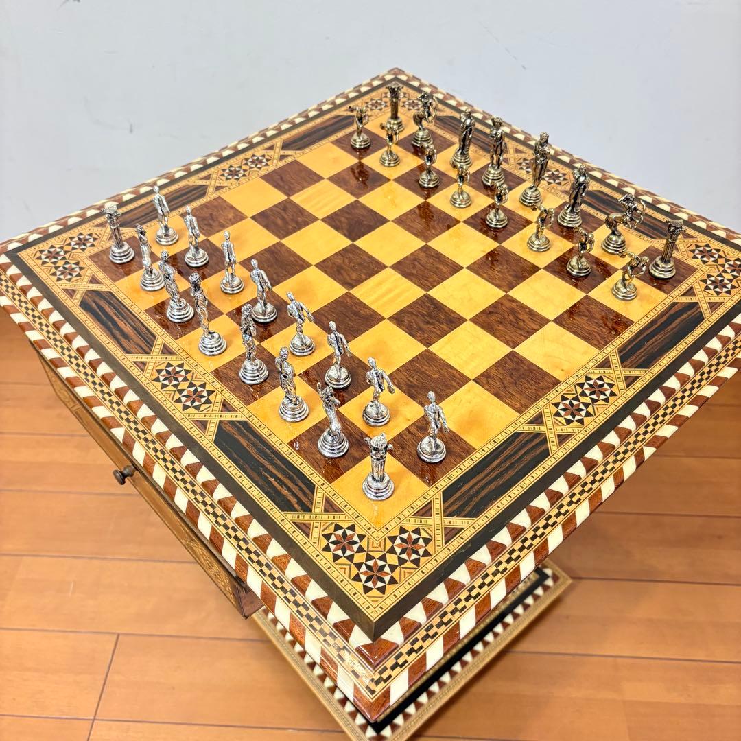 【希少レトロ・駒付属】アンティーク調 インテリア チェステーブル＆駒セット