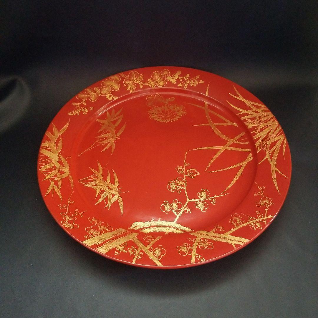 輪島塗 沈金 朱塗り 松竹梅 四季花 大皿 美術品 飾皿 約48cm1尺6寸