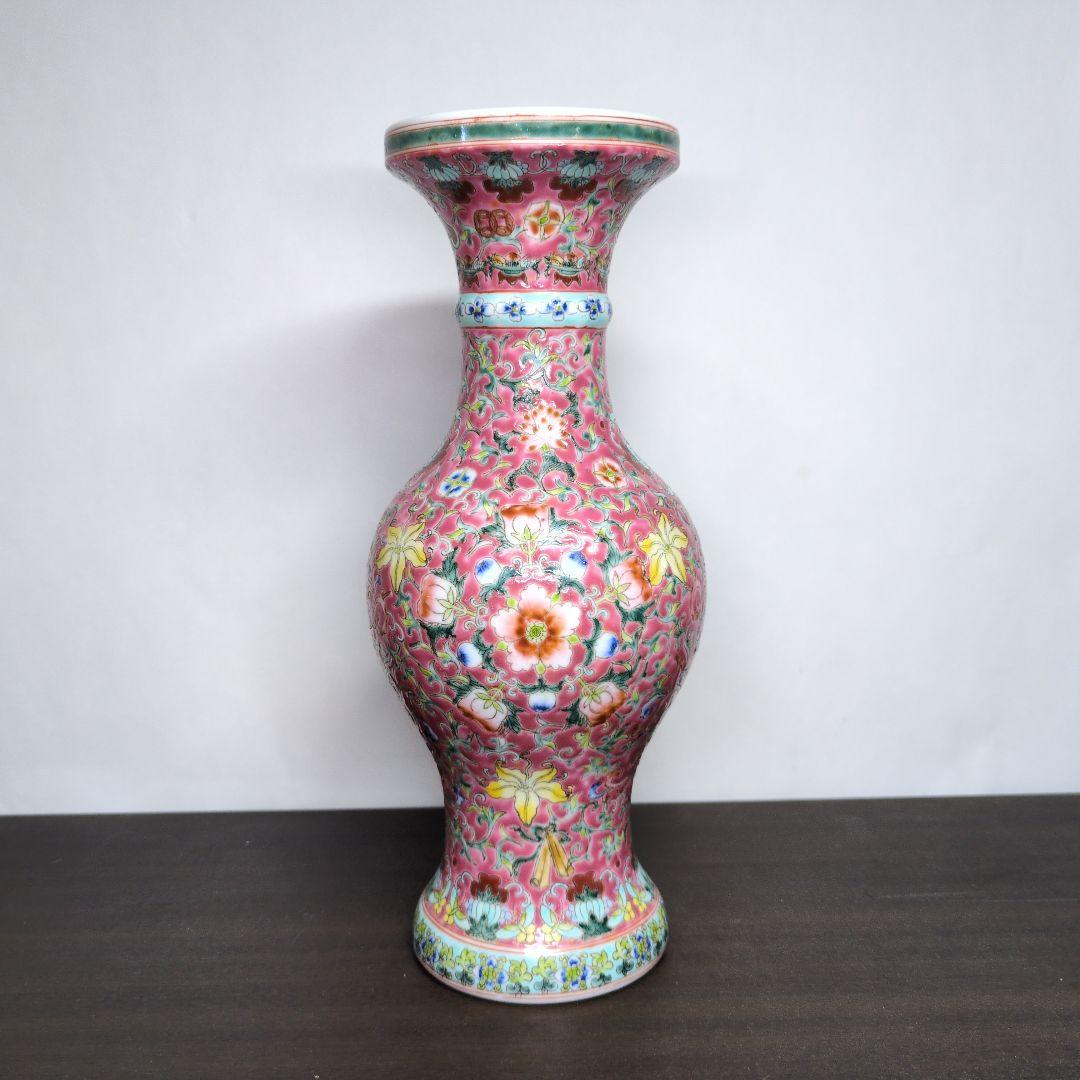 大清光緒年製 款 五彩 花唐草文 瓶 高さ約29cm