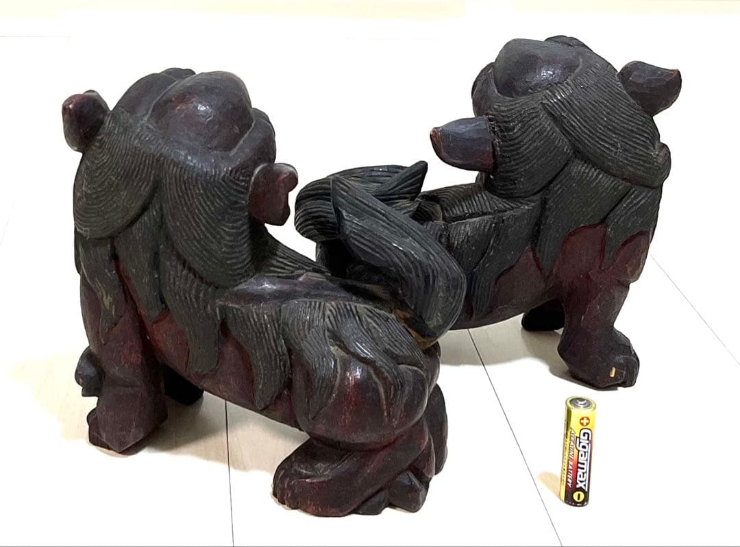 稀少珍品☆木彫置物 狛犬 獅子 シーサー 子付き・玉持ち 縁起物 魔除け