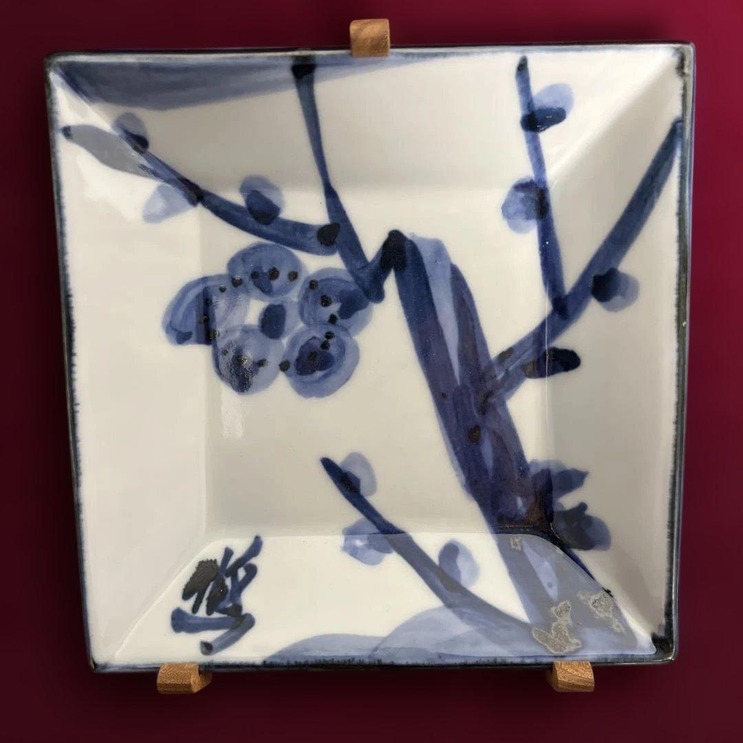 人間国宝　近藤悠三　梅染付　角皿　額装