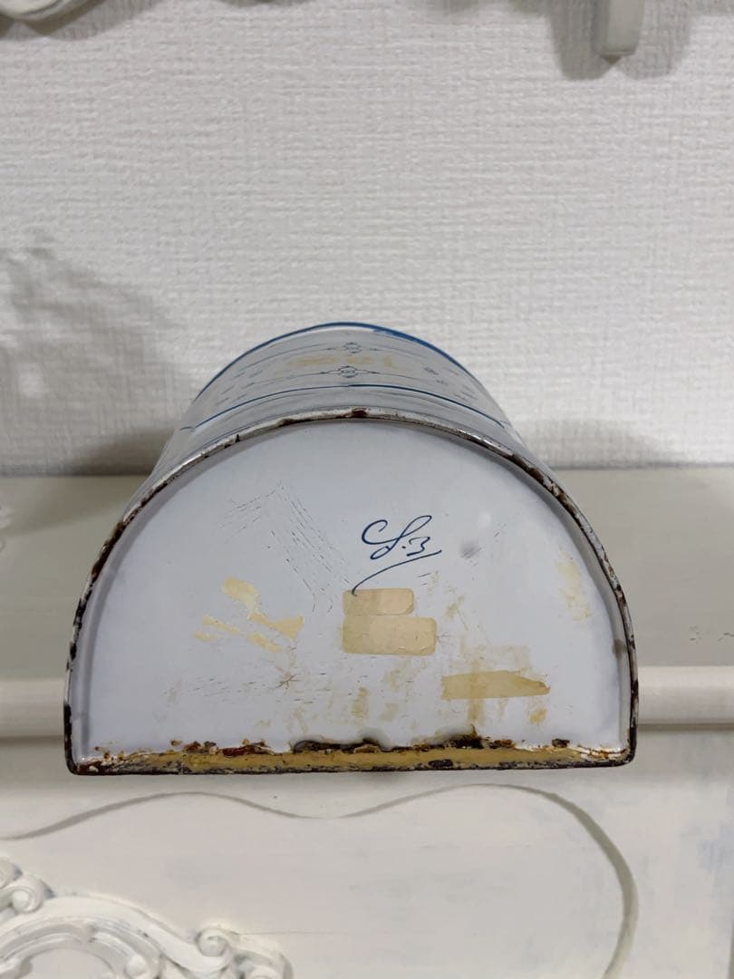 フレンチアンティーク＊サキソニー柄ホーローSel缶木製蓋＊レア