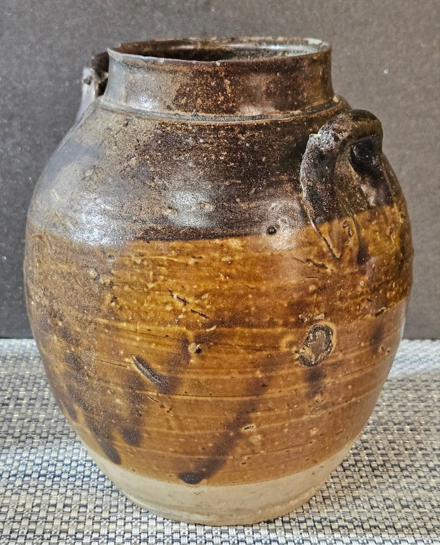 中国古陶磁器　古玩　宋時代　磁州窯系　 褐釉　双耳　胴継ぎ　壺　花入れ　伝世箱付