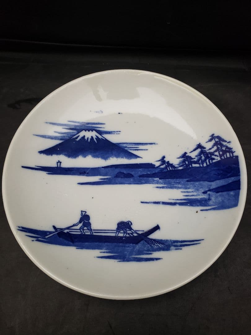 古伊万里　染付皿　5枚　富士山　三保の松原　アンティーク