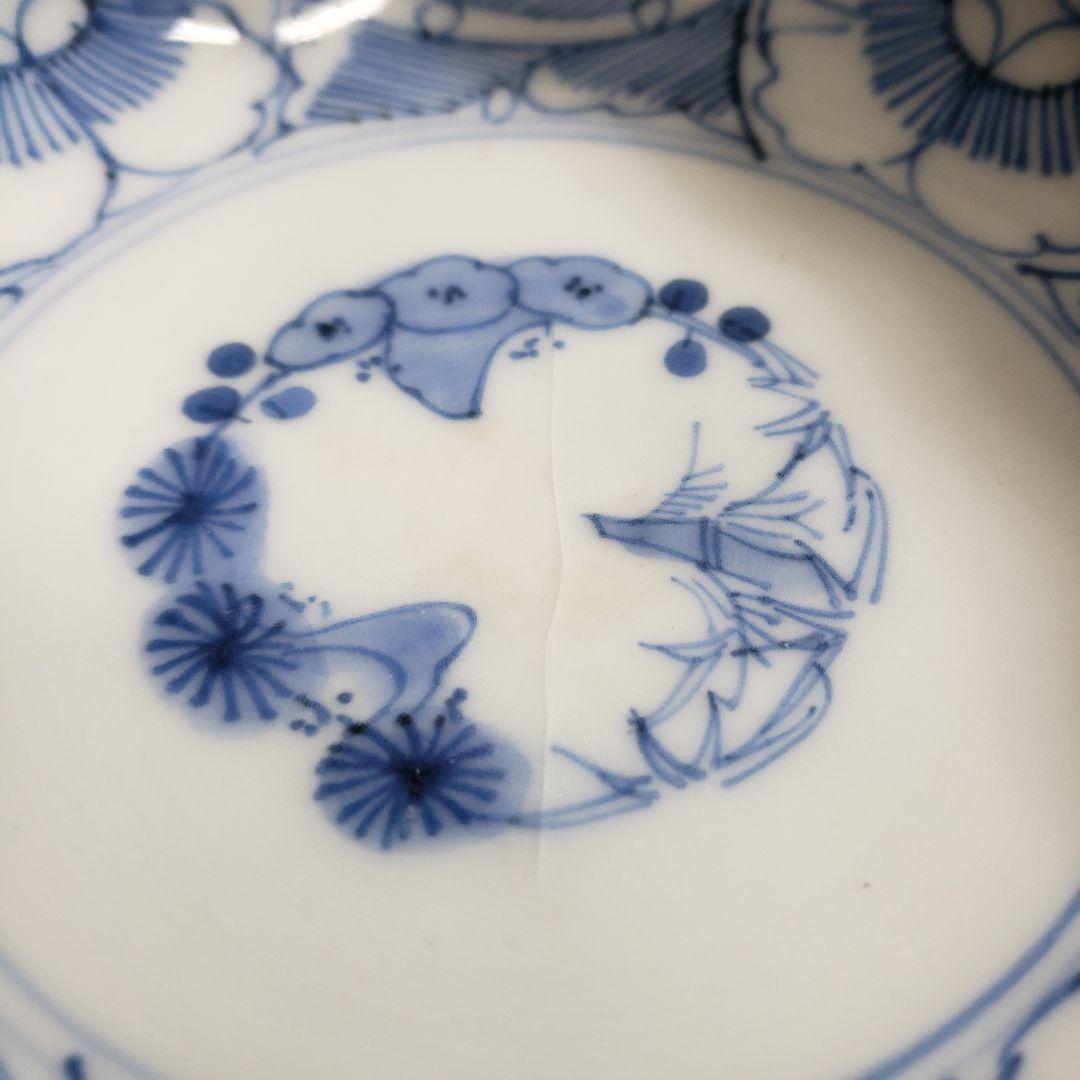 染付 なます皿 江戸 古伊万里 牡丹 松竹梅 窯印 線描 訳あり ニュウ 二枚