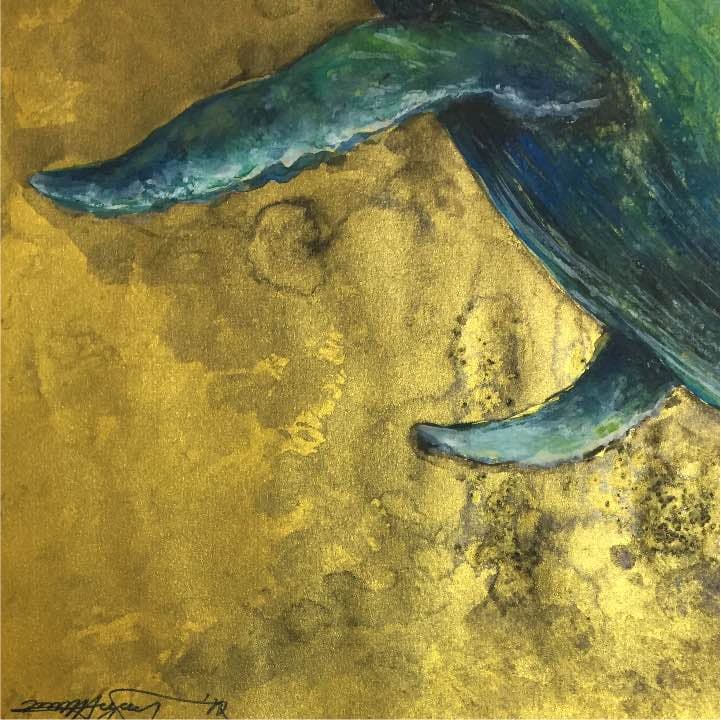 黄金の海を泳ぐクジラ、ゴールド色の画用紙、25,5cm×36,5cm