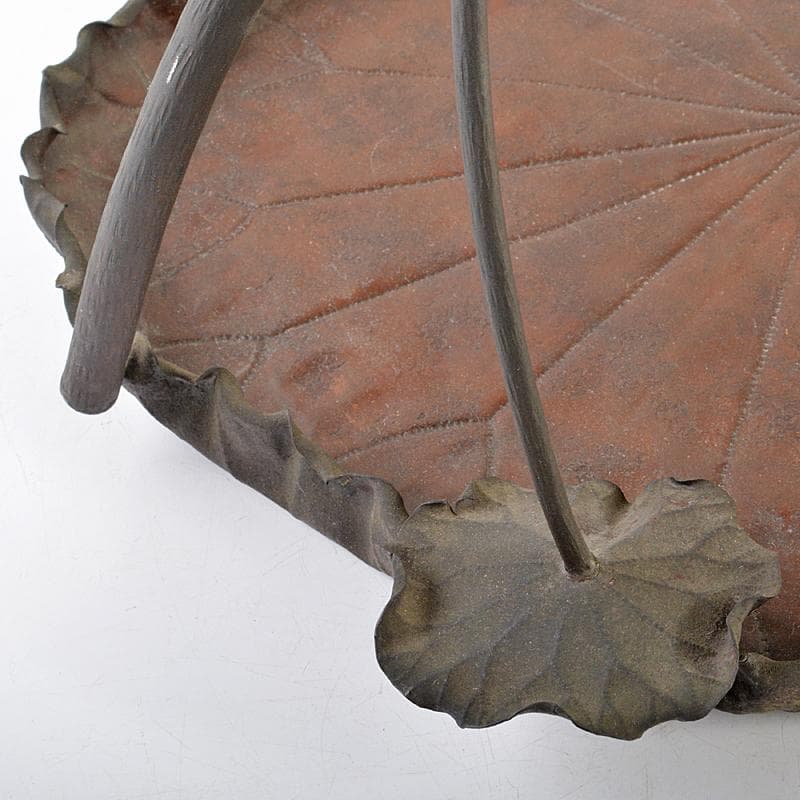 時代金工　古銅鎚出　蓮葉　持手菓子器　F　R5996B