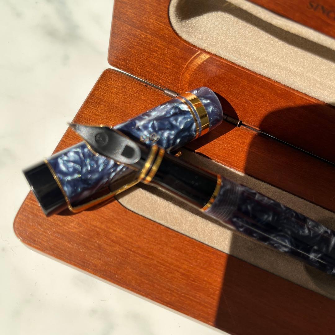 K18美品PARKER デュオフォールドネイビー マーブル万年筆 専用ケース付き