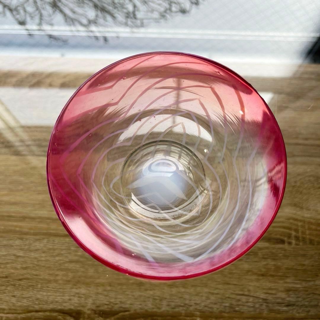 骨董　時代ガラス　超希少　金赤フチ　反り口　澤瀉紋　氷コップ　氷鉢　ウランガラス