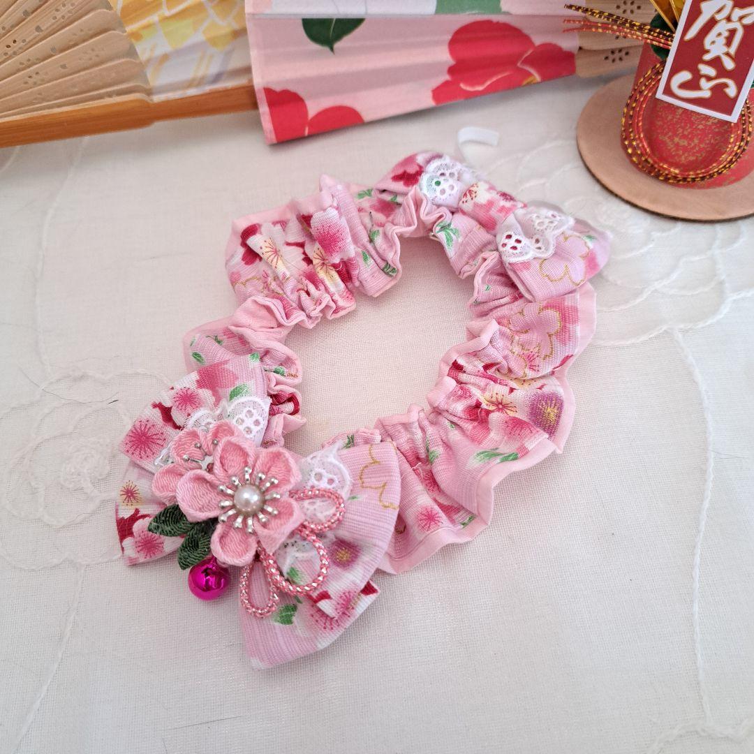 短毛シュシュ、和風妻み細工(ピンク②)わんちゃん猫ちゃん用