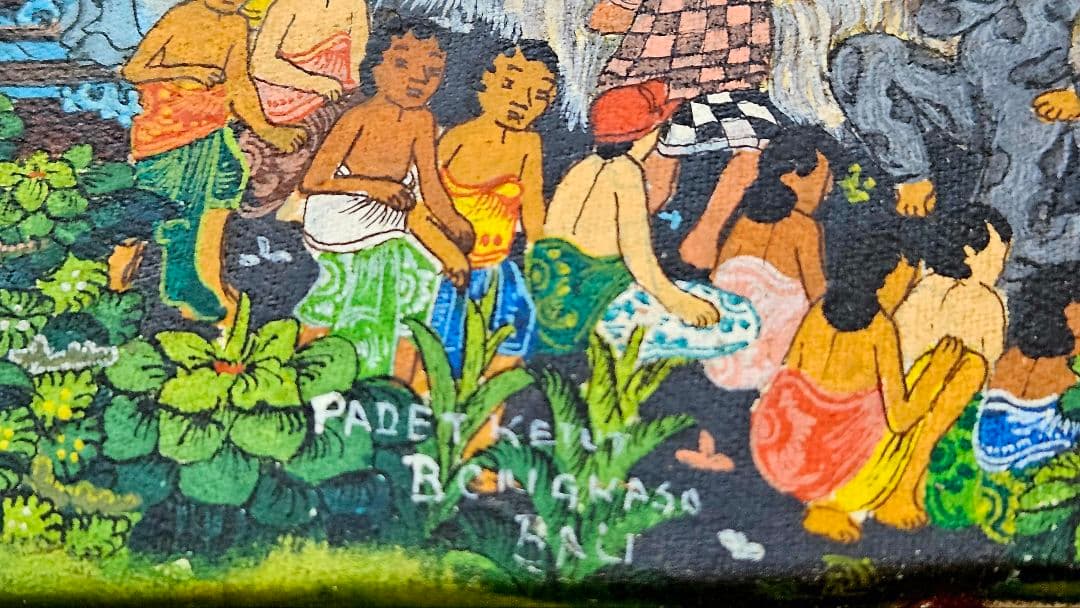 バリの風景 油彩画 PADE KETUT BONGKASO　 寺院お祭り図　額装