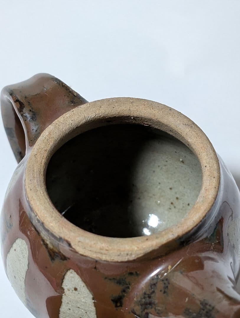 （押し上2-C）浜田庄司　急須　茶色と白の模様