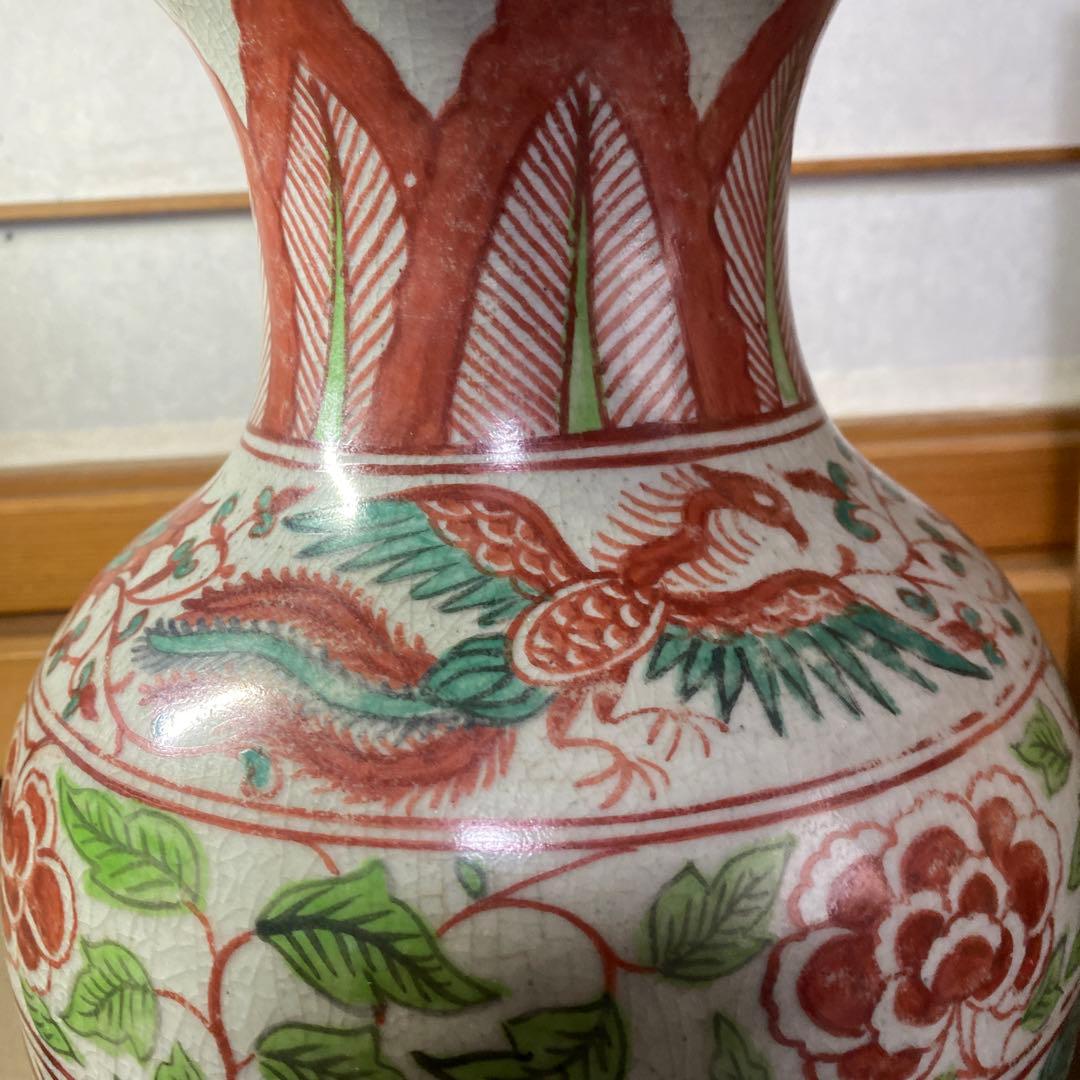 中国古玩　色絵鳳凰龍図花瓶【桐箱付】