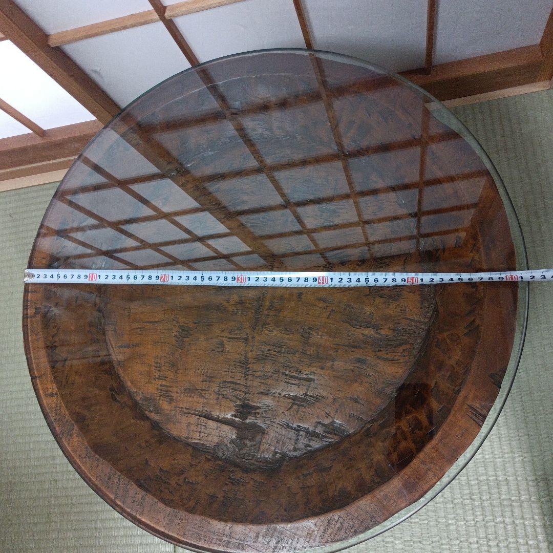 希少　古民家蔵出し品　天然木　座卓　丸テーブル　手彫り　ガラス板付き