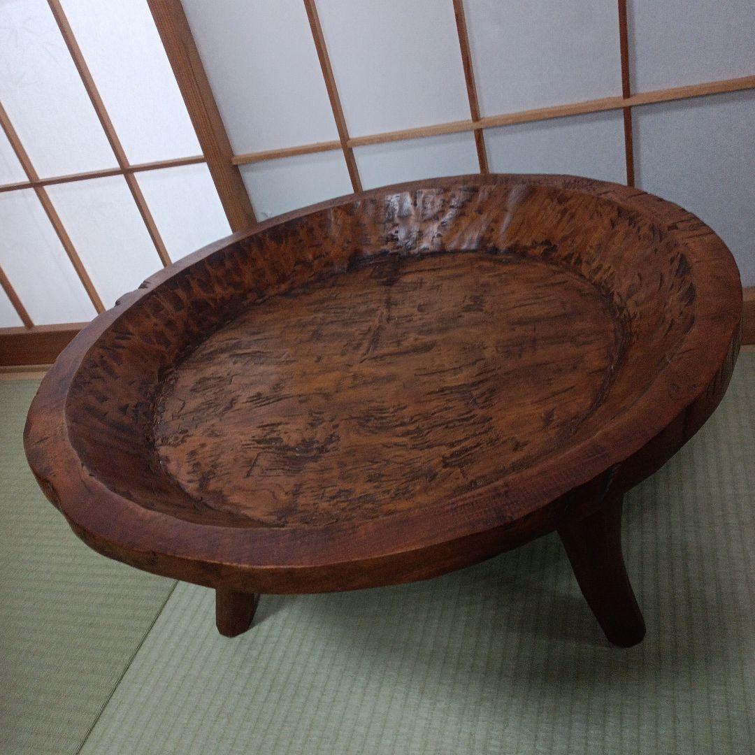 希少　古民家蔵出し品　天然木　座卓　丸テーブル　手彫り　ガラス板付き