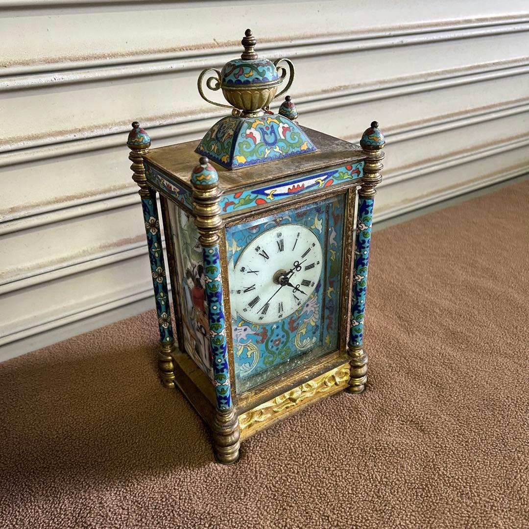 CF5★中国美術★ ガラス製 時計 置時計 アンティーク 七宝時計 インテリア