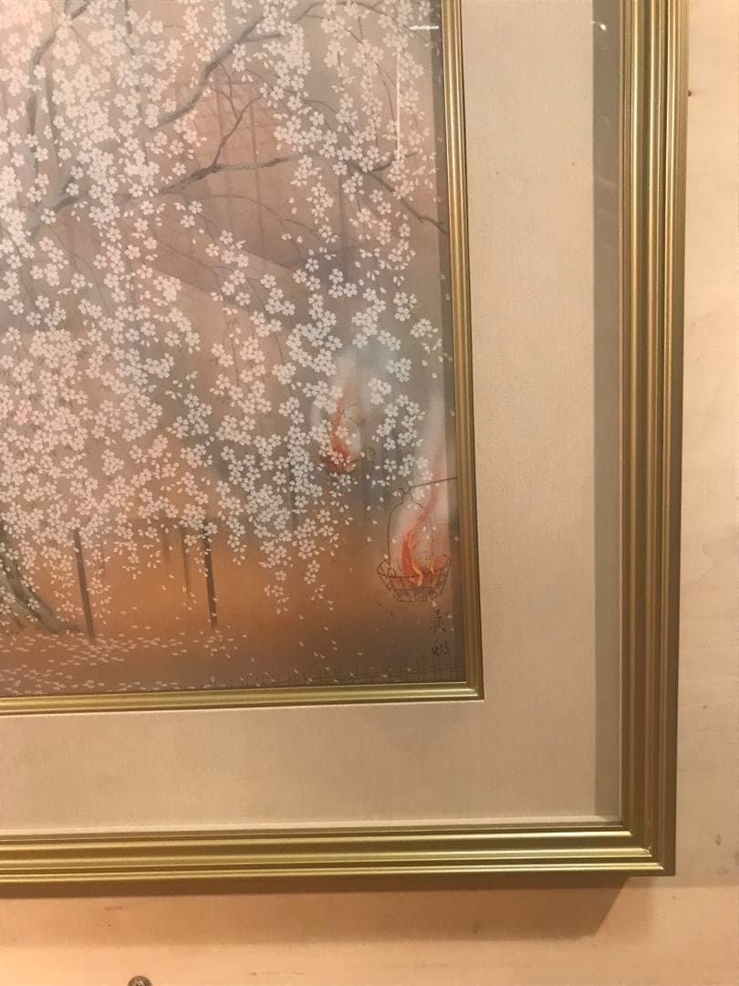 宇田荻邨　「祇園夜桜」　リトグラフ　刷り込みサイン・作品証明シール有り