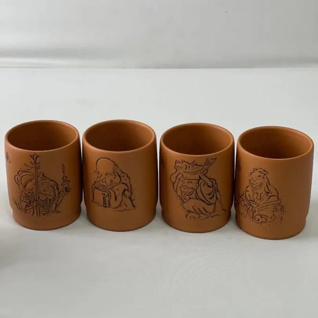 常滑焼　義叟作　伯宝彫り　七福神　急須　湯呑７点セット　茶器　煎茶道具