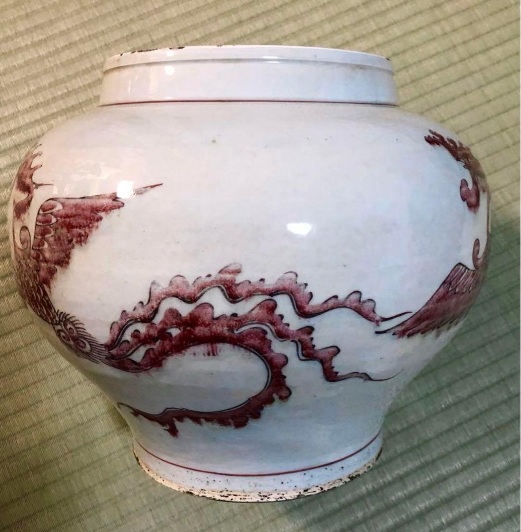中国骨董　元白磁　辰砂　鳳凰紋　玉璧足　壺