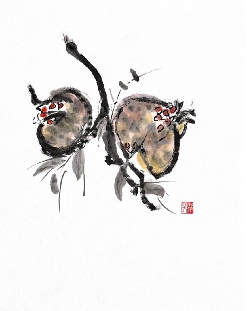 【古口翠芳/Suihou Koguchi】墨彩画　柘榴　オリジナル　木製額縁付き