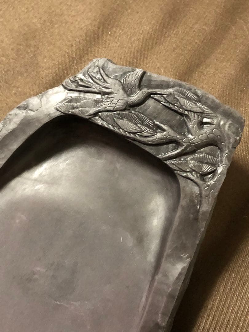 端渓名硯　中国　松　鶴　彫刻　書道具　中国名硯　骨董　硯　CHINA