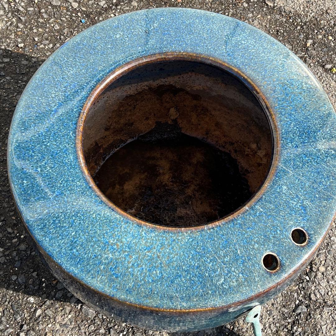 陶器 火鉢 灰かき付き メダカ鉢 金魚鉢 睡蓮鉢 青色 茶色 個性的 レトロ