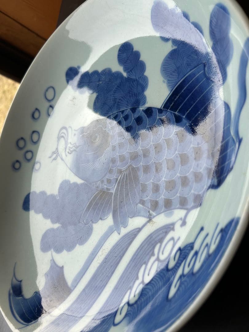 伊万里 染付 青絵 登り鯉 魚藻文 江戸後期 出世 大皿 飾り皿 絵皿 骨董品