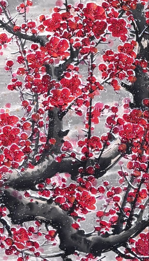 水墨画　掛軸　香遠 王画　中国　絵画　紅梅　梅　箱付　カラー