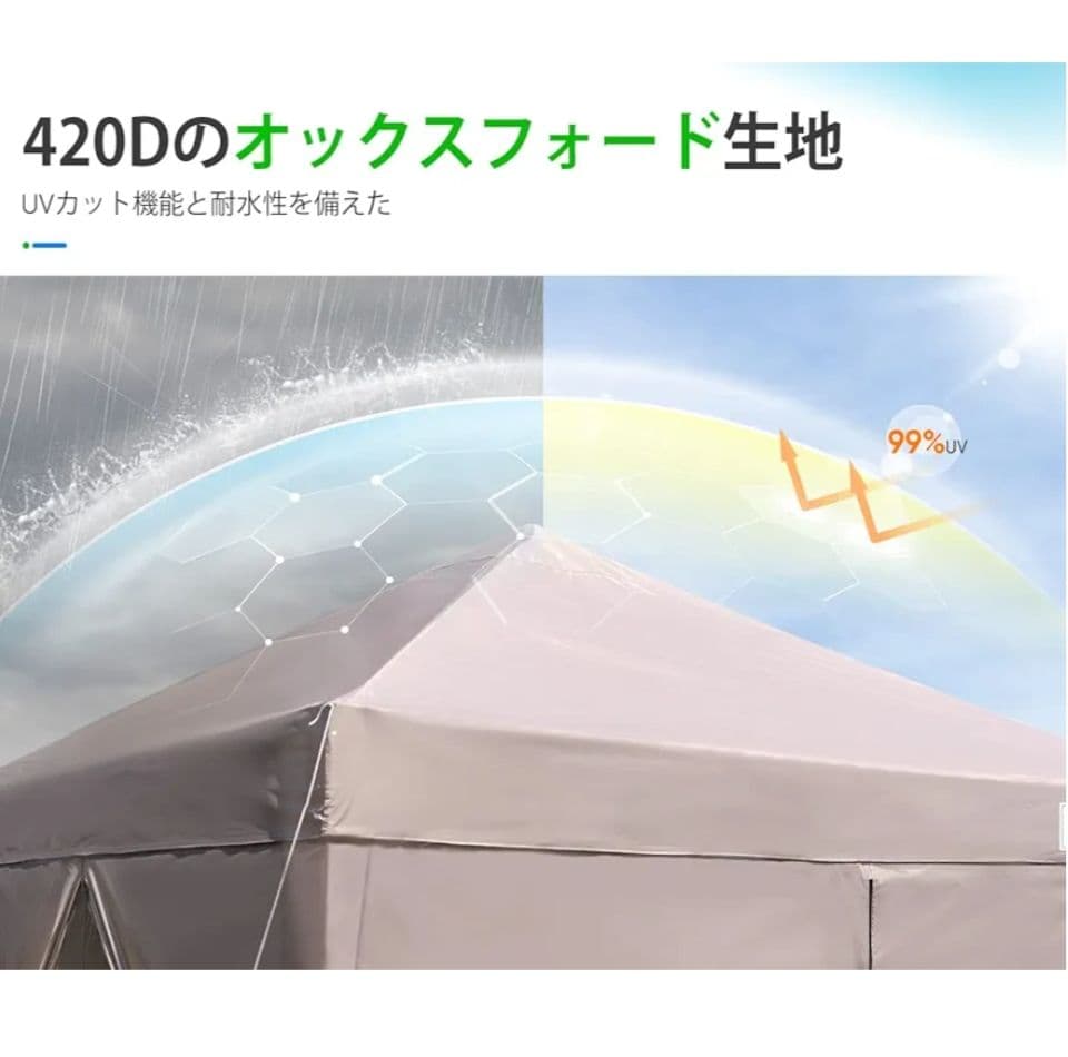 タープテント　2m　ワンタッチテント　耐水　UVカット　3段階調節 横幕付き