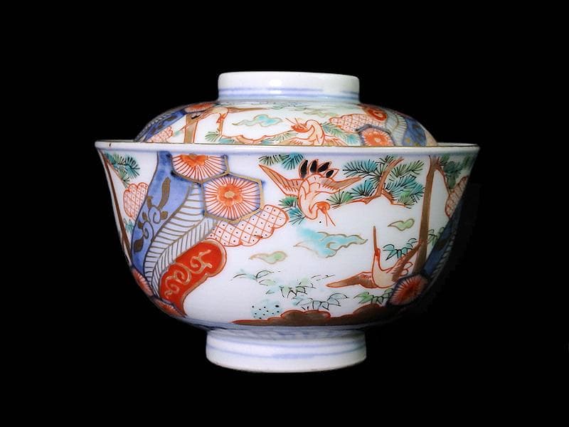 古伊万里　金襴手　雲鶴に松竹　孔雀羽に亀甲紋の図　蓋茶碗　E865AS-COf