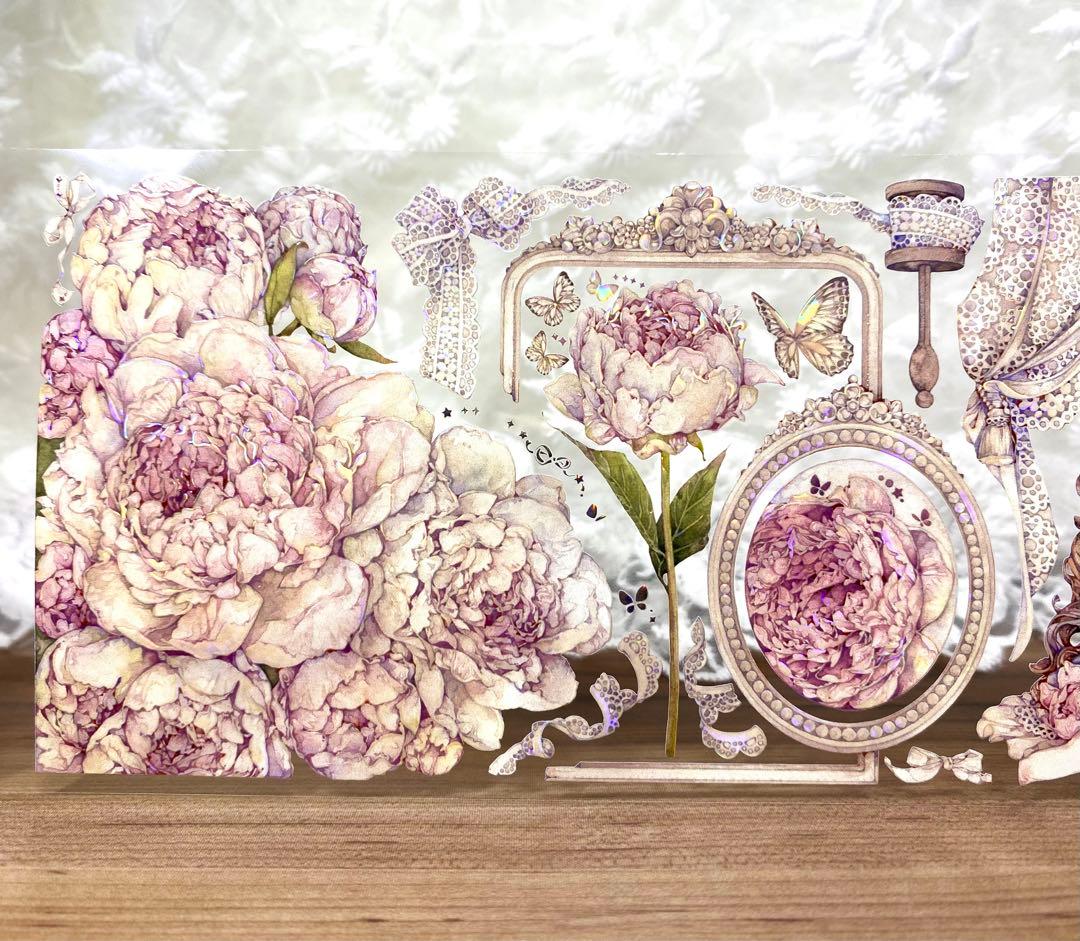 【KN058】海外PET貝殻光マスキングテープ　マステ切り売り　芍药季　お花