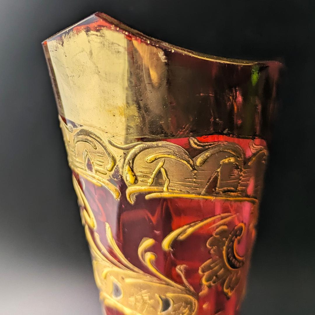 【輝く】オールドモーゼル ルビー 金彩銀彩 唐草紋様 花瓶25cm アンティーク