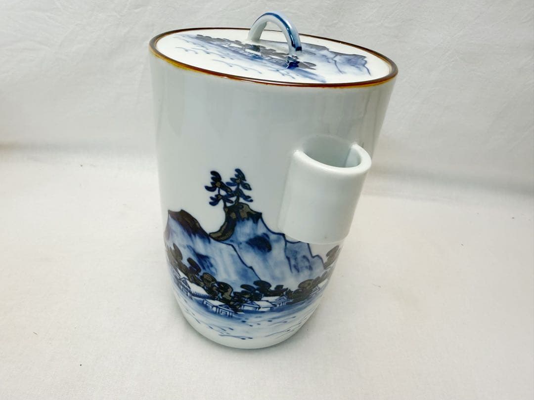 未使用 茶道具 玉堂窯 染付 山水絵 細水指 管耳付 底印 紙箱