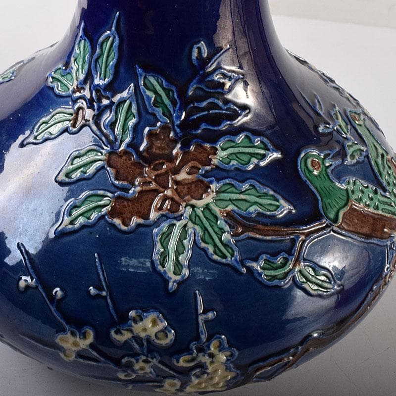 中国　景徳鎮製　藍釉法花花鳥文瓶　唐木台・箱付　V　8055C