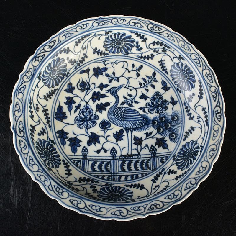 中国　青花　鳥纏枝花卉文盤　V　R6802E