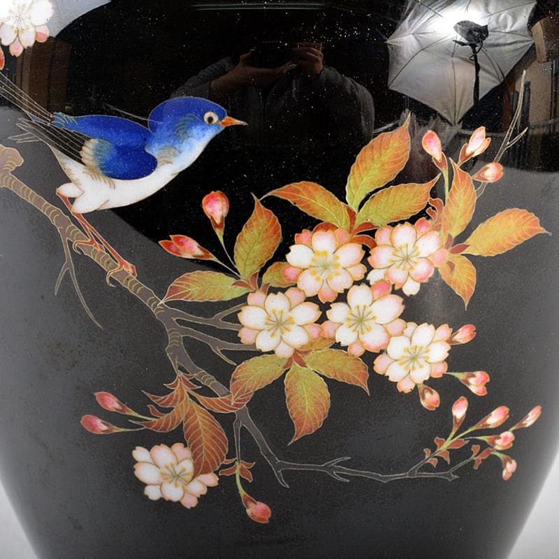 七宝焼　鳥桜文瓶　唐木台付　桐箱付　D　R5643