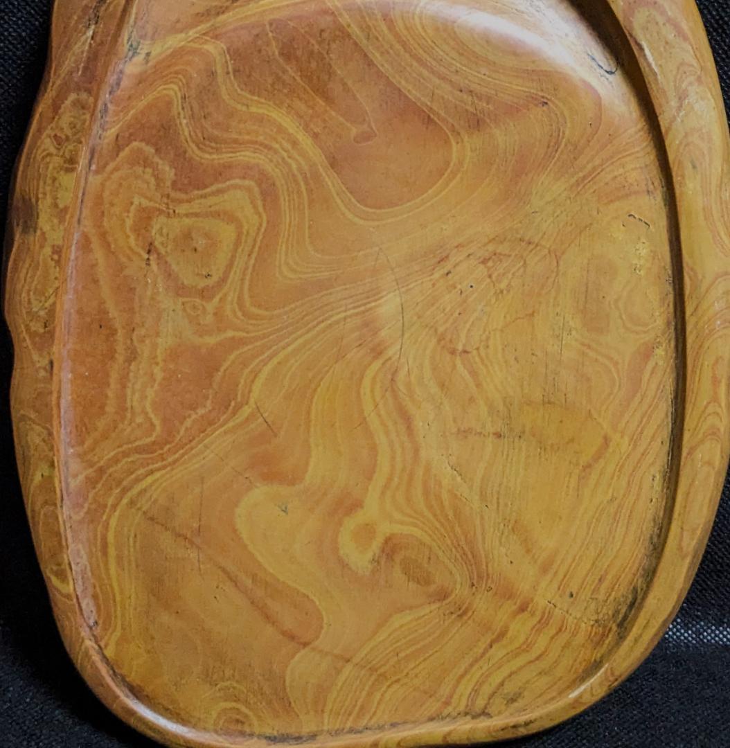 【紅絲硯　紅黄糸紋極美石の天成楕硯】◆九吋大型◆魯硯・時代硯◆上質唐木蓋◆布袋